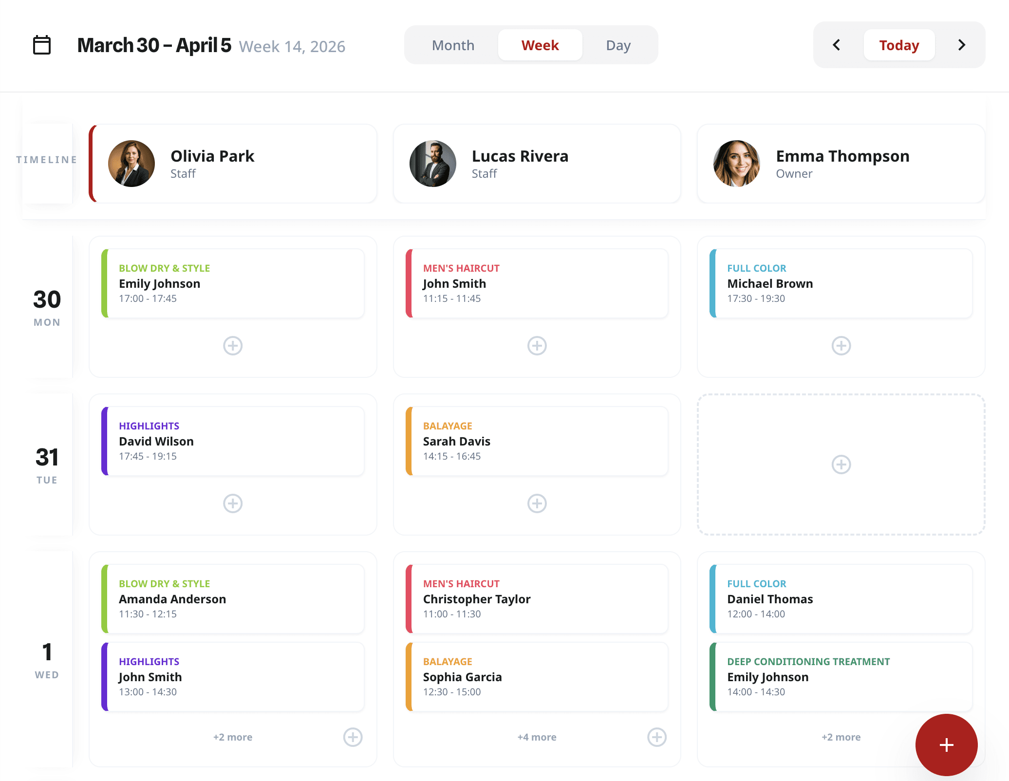 BookingService weekly calendar showing staff and appointments